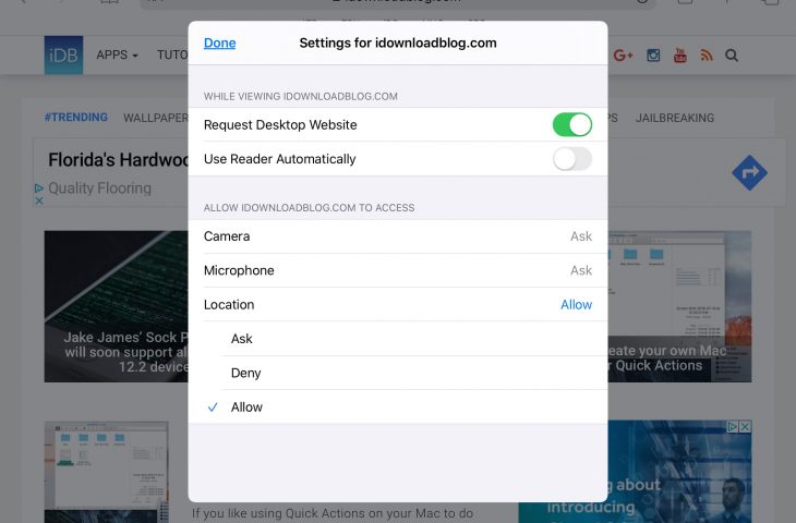 Cara menggunakan menu tampilan situs web Safari dan pengaturan Per-Situs di iPad 1
