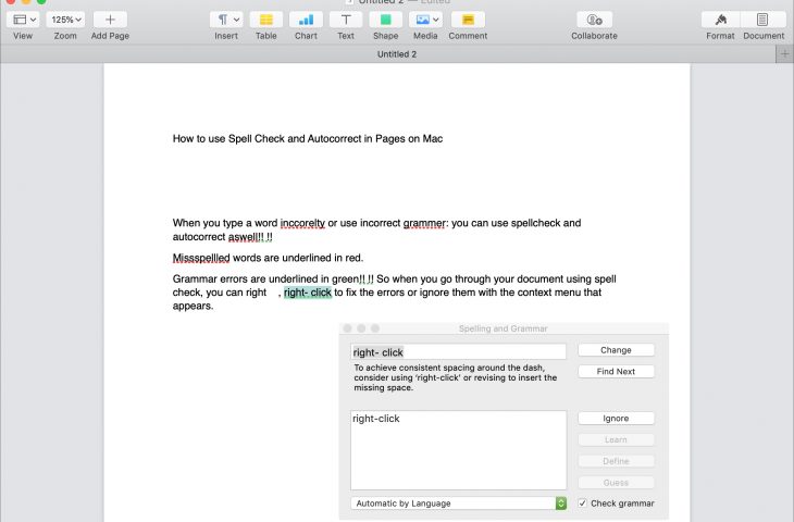 Cara menggunakan pemeriksaan ejaan dan koreksi otomatis di Halaman pada Mac 1