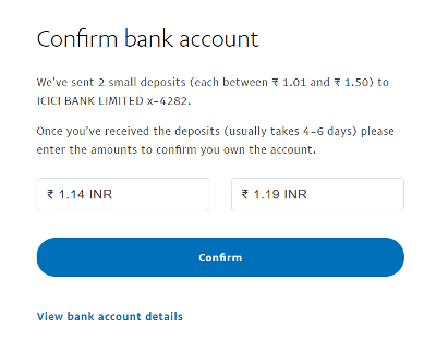 Fast accounts. Enter those amounts to verify your Bank account.. Confirm button.