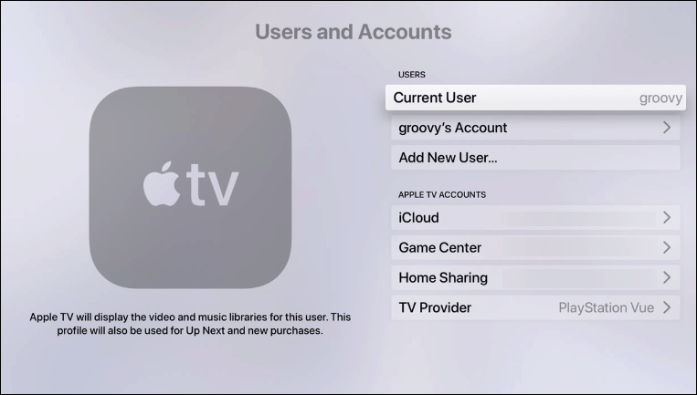 Lägga till aktiva användare och kontoswitchar för Apple TV Running tvOS 13 4