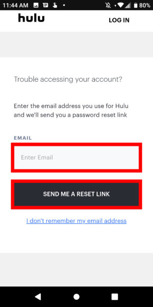 Hulu Android Skicka en återställningslänk