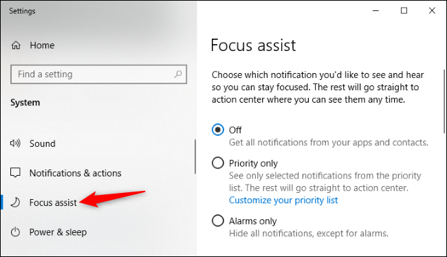 Fokushjälpalternativ i Windows 10s-inställningar
