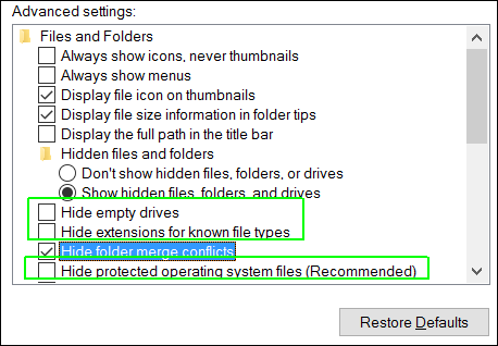 Hapus centang sembunyikan ekstensi, drive kosong dan file OS