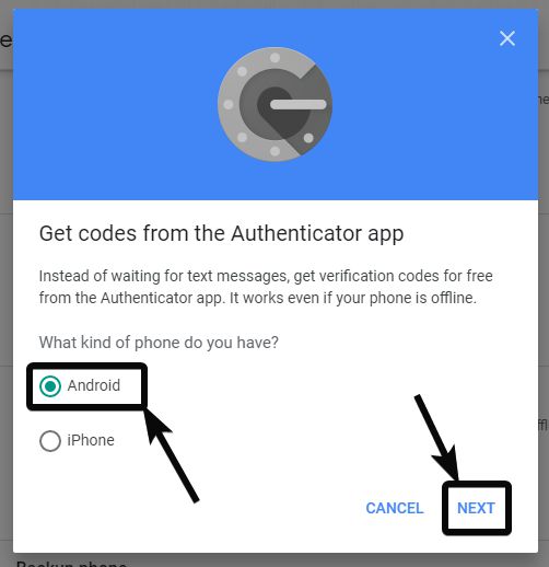 Välj Android för Google Authenticator