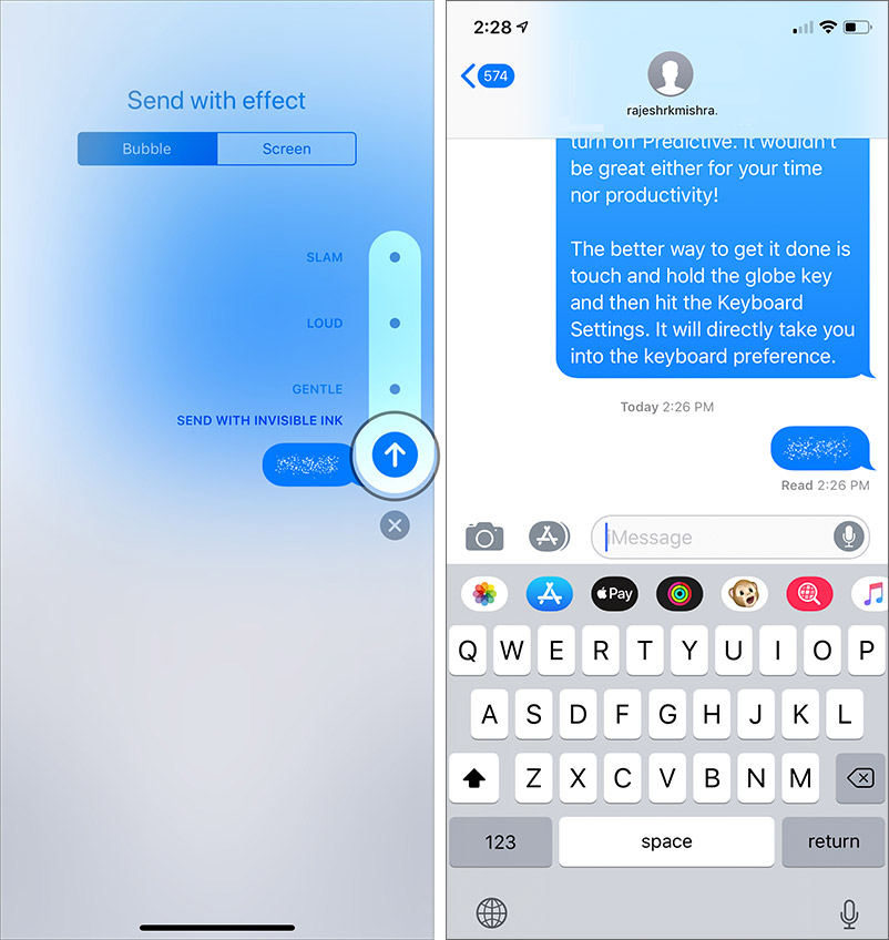 Tryck på pilen för att skicka iMessage med Bubble Effect på iPhone och iPad