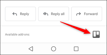 Gmail-mobilappen visar e-postmeddelanden med det markerade Trello-tillägget.