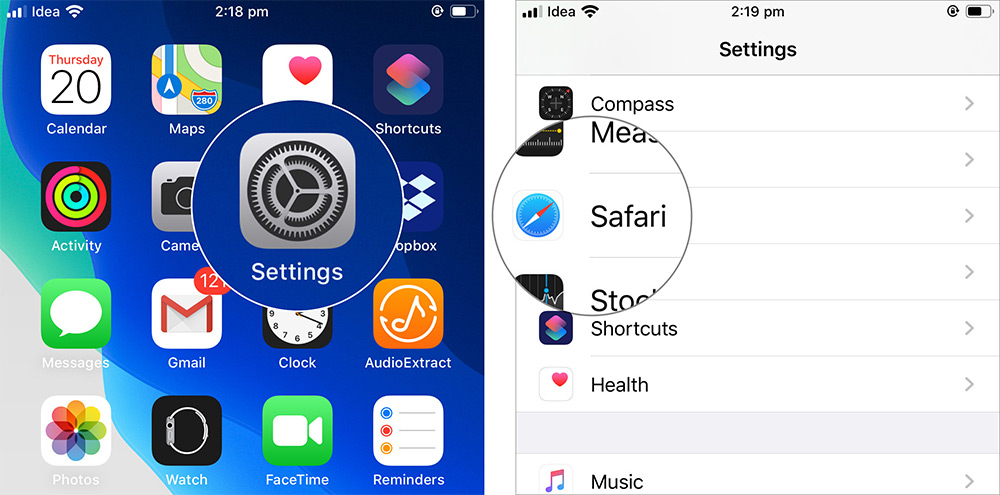 Öppna Inställningar och knacka på Safari på iPhone