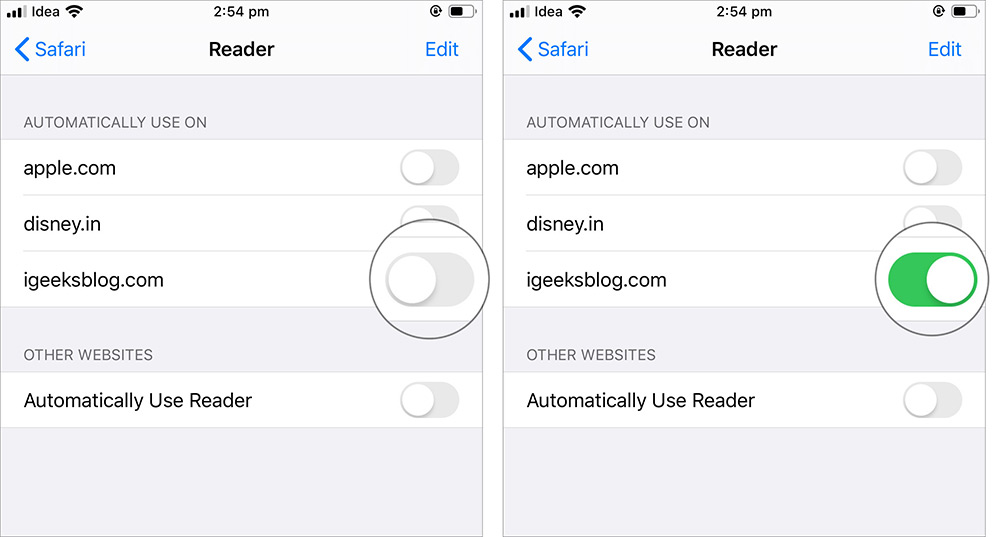 Aktivera automatisk läsardisplay för specifika webbplatser i Safari-applikationen
