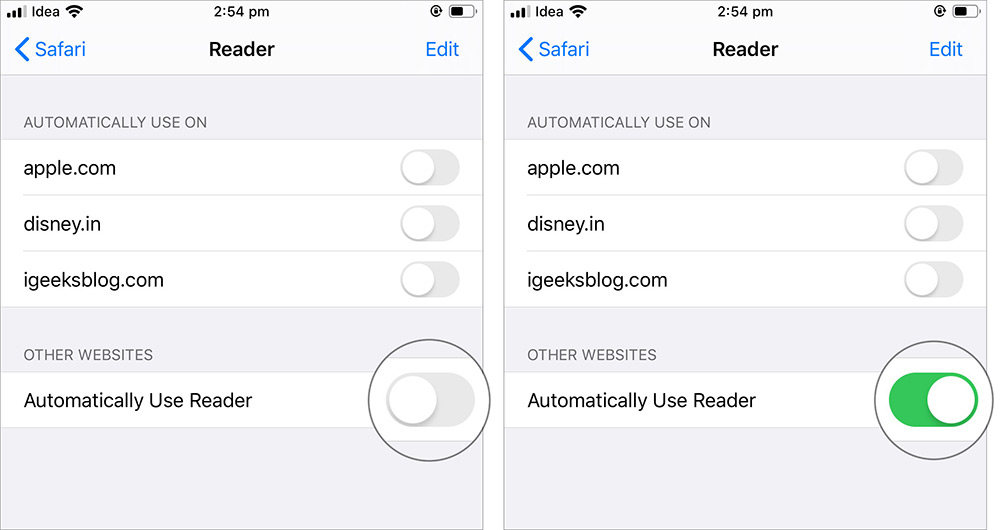 Aktivera automatisk läsardisplay för alla webbplatser i Safari-applikationen