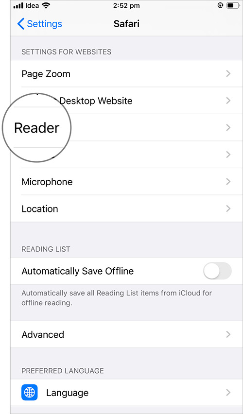 Tryck på Reader på iOS 13 Safari-inställningar