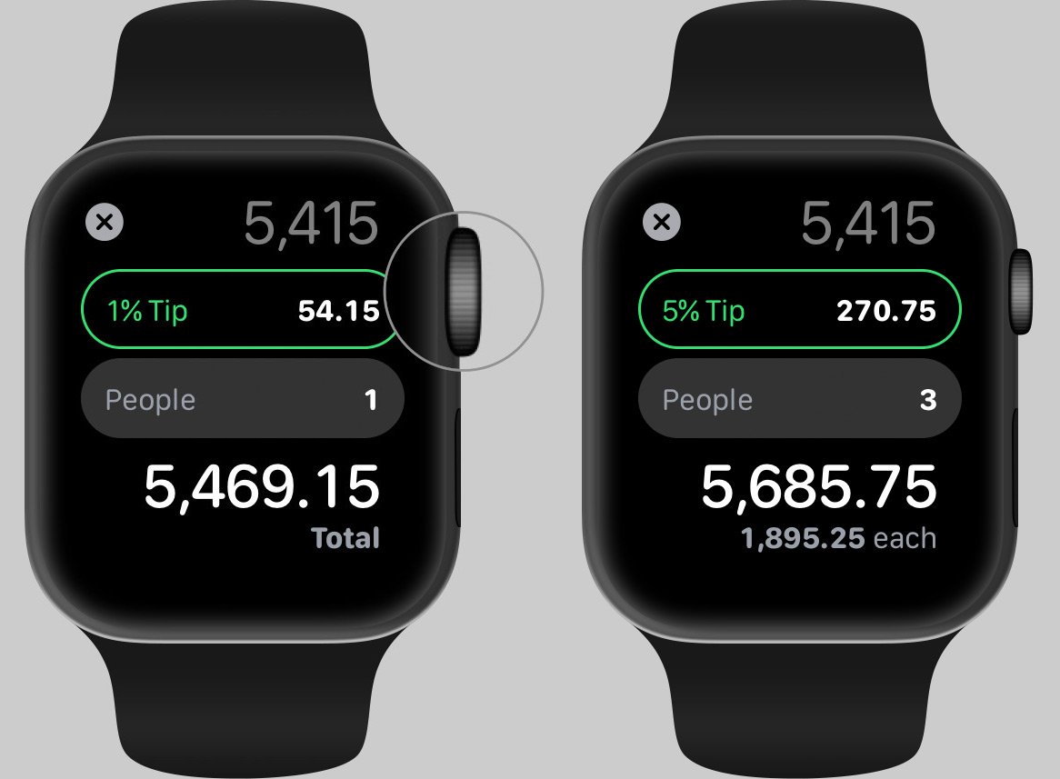 Gunakan Aplikasi Kalkulator untuk Kiat pada Apple Watch di watchOS 6