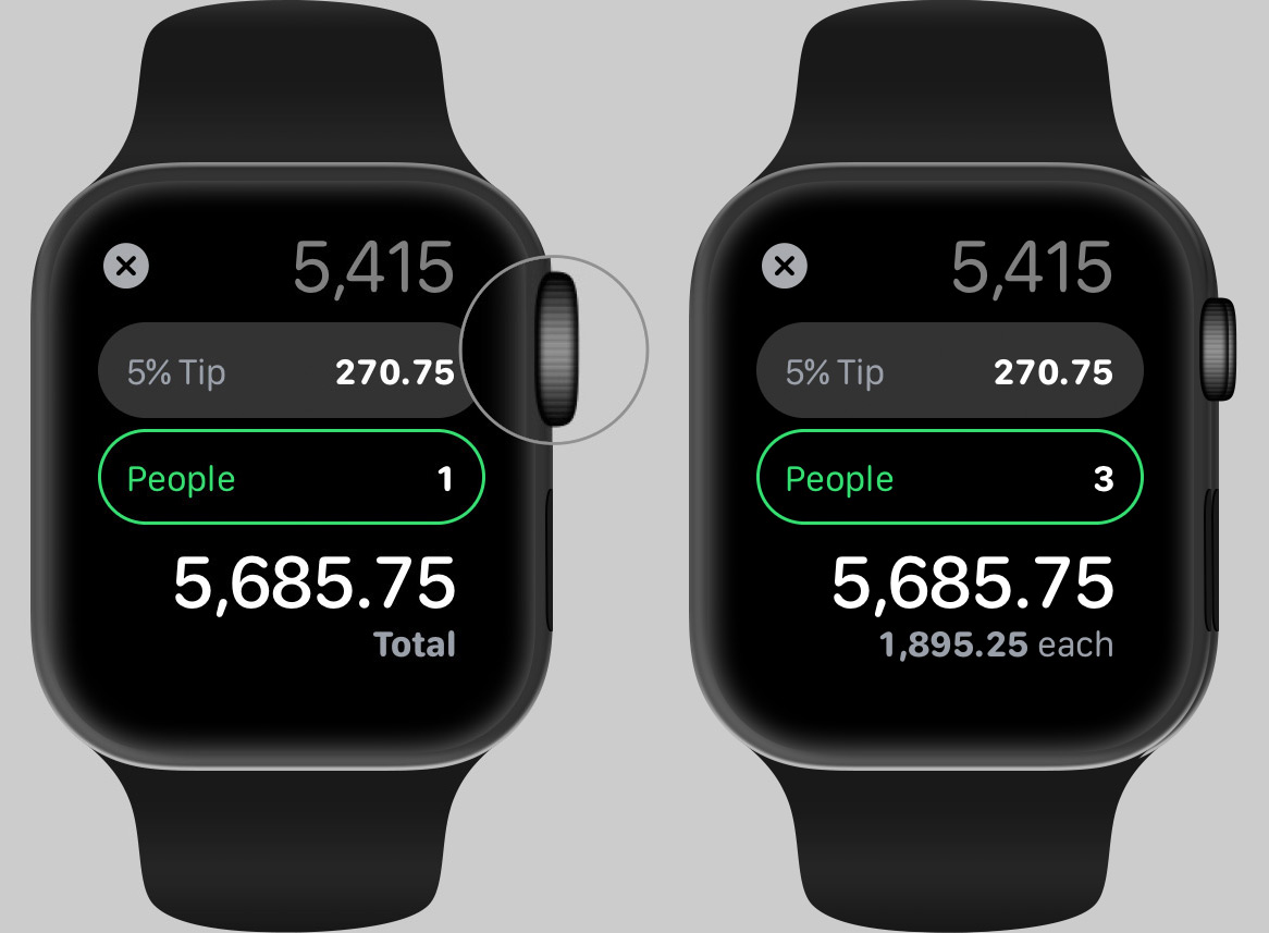Sesuaikan Orang untuk TIP di Aplikasi Kalkulator aktif Apple Watch