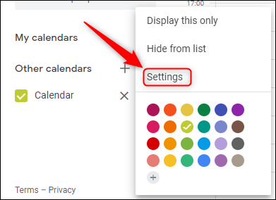 Opsi Pengaturan Kalender Google untuk kalender bersama.