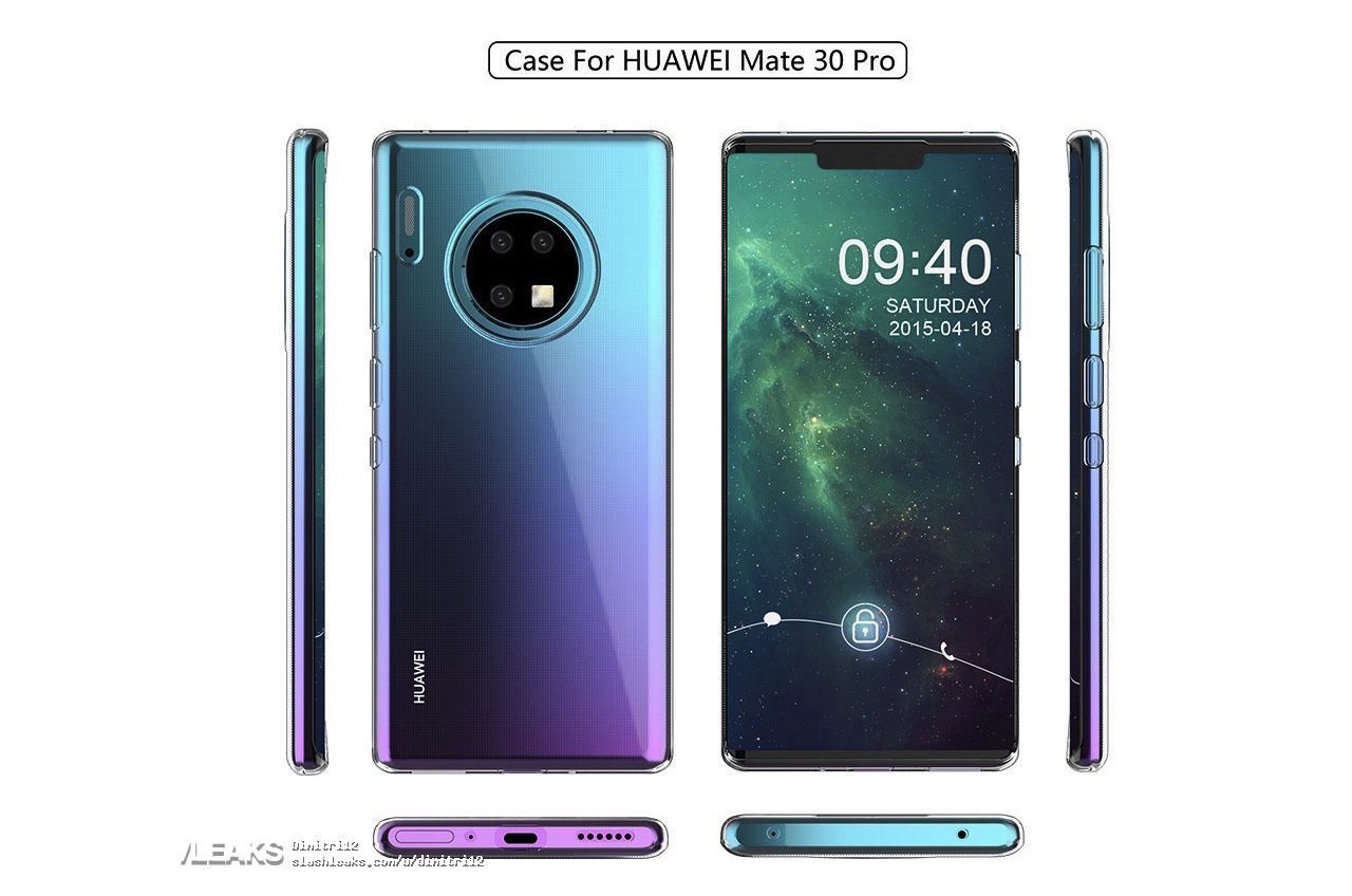 Casing telepon Huawei Mate 30 menunjukkan pengaturan kamera belakang melingkar