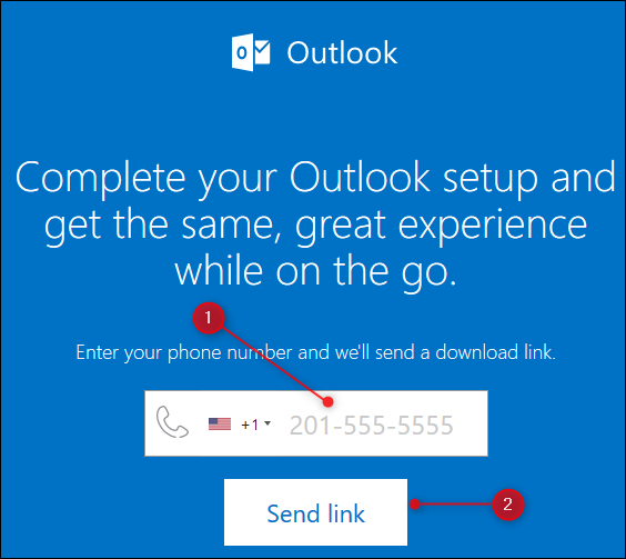 Halaman web Outlook yang mengirim tautan ke aplikasi seluler Outlook.