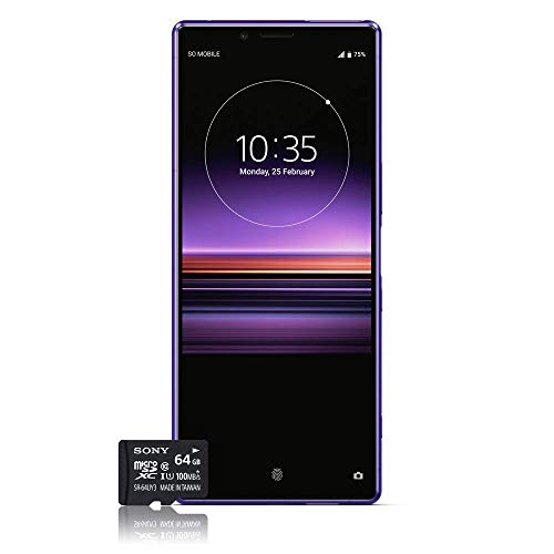 Smartphone Sony Xperia 1, layar HDR OLED 6,5 inci 4K, Dual-SIM, memori 128GB, RAM 6GB, Android 9.0 + 64GB Micro SD, Ungu, eksklusif Amazon (Versi Italia)