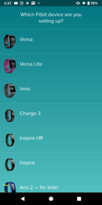 Välj din fitness tracker på Fitbit-applikationsskärmen