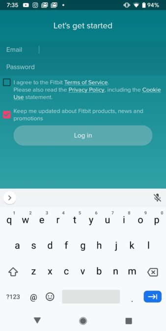 Registreringsprocessen för Fitbit-applikationen kräver att du anger din e-postadress och lösenord