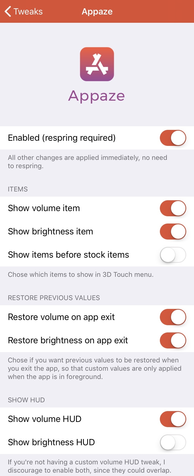 Appaze memungkinkan Anda mengatur tingkat kecerahan dan volume pada setiap aplikasi 3