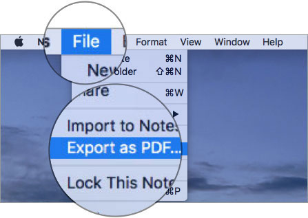 Klicka på Arkiv-menyn och välj Exportera som PDF i Mac Notes-appen
