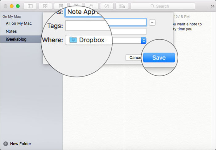 Pilih lokasi yang dipilih dan klik Simpan untuk Mengekspor Catatan sebagai PDF di Mac