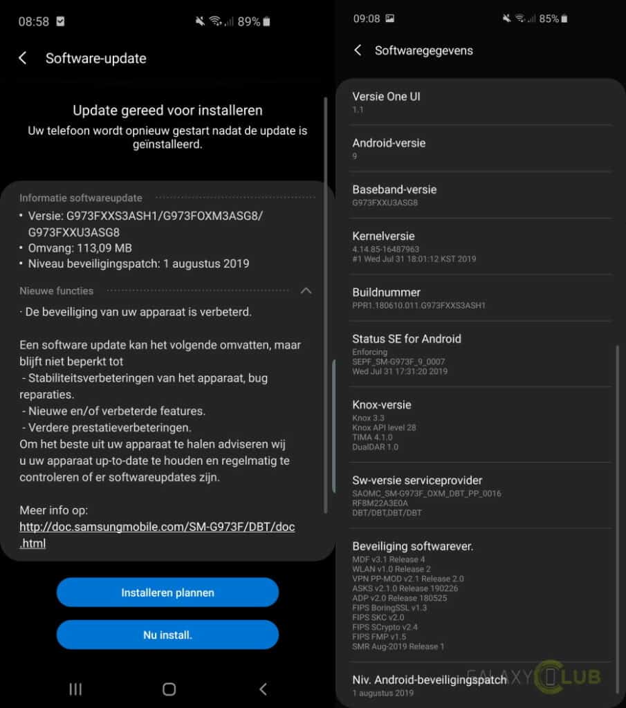 uppdatering av Samsung Galaxy S10 augusti 2019 Changelog G973xxs3ash1
