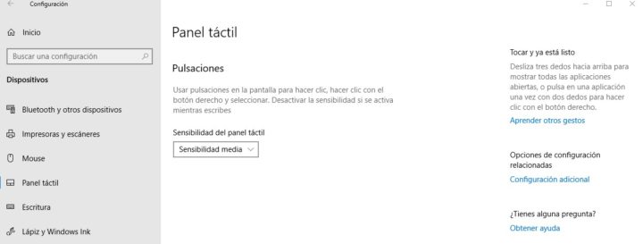 Tryck på Windows 10-panelen utan pekplattaalternativ