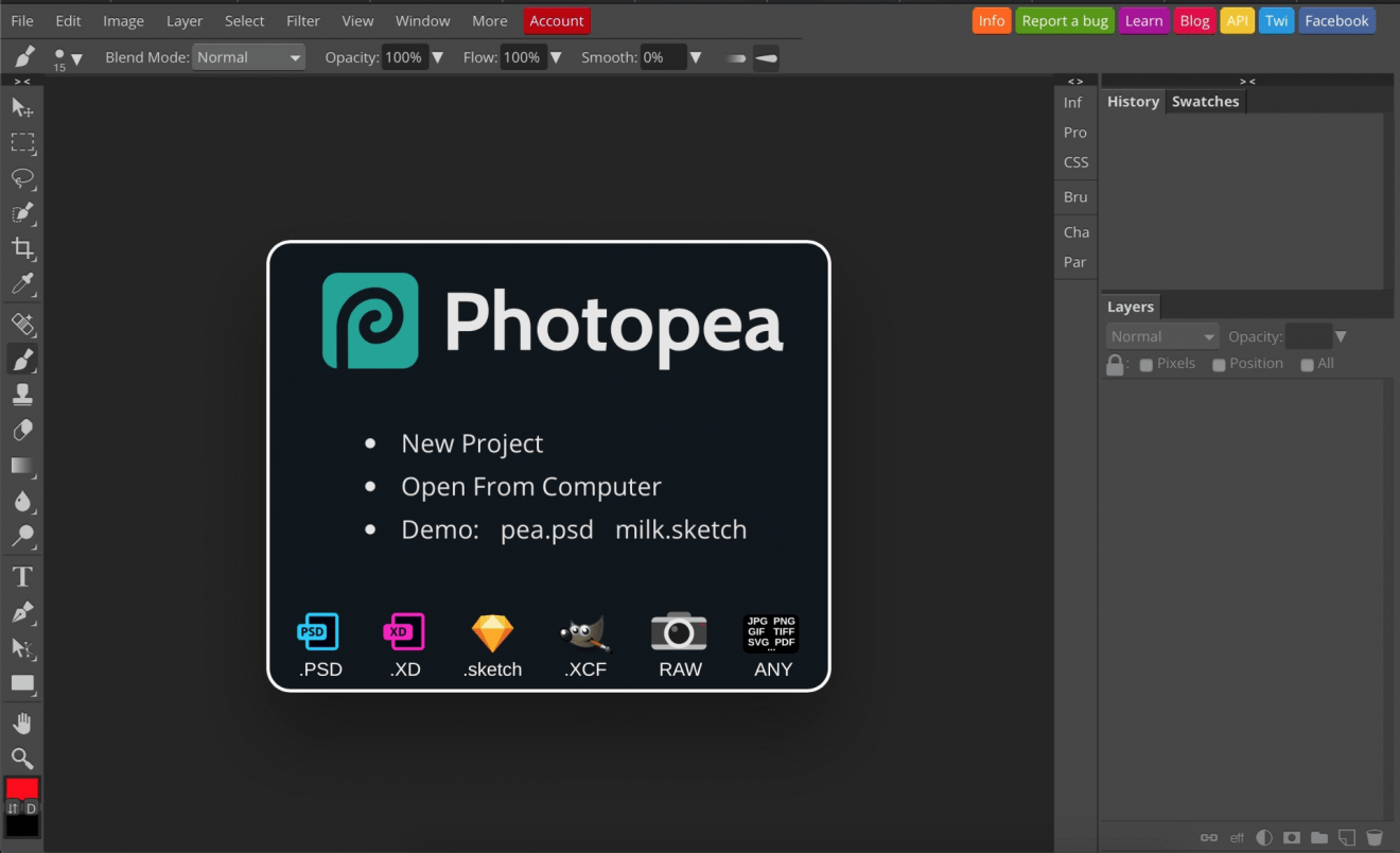 Photopea memiliki desain yang identik dengan Photoshop