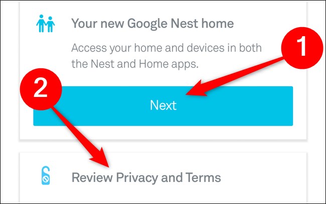 Aplikasi Nest Pilih Rumah Anda dan Tinjau Privasi dan Ketentuan Klik Selanjutnya
