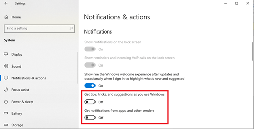 Windows Pemberitahuan & tindakan