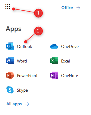 Peluncur aplikasi O365 dengan Outlook disorot.