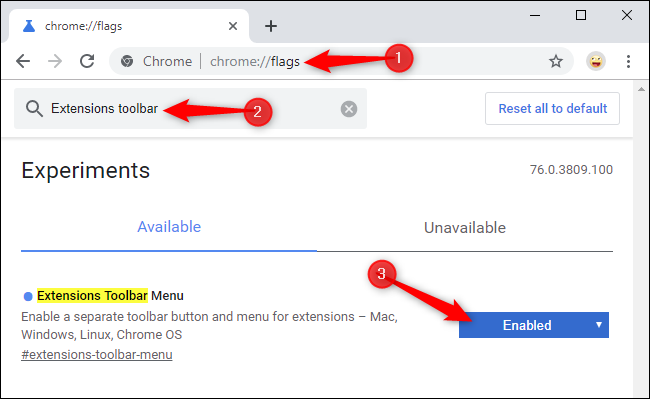 Mengaktifkan menu bilah alat Ekstensi Chrome baru di laman bendera