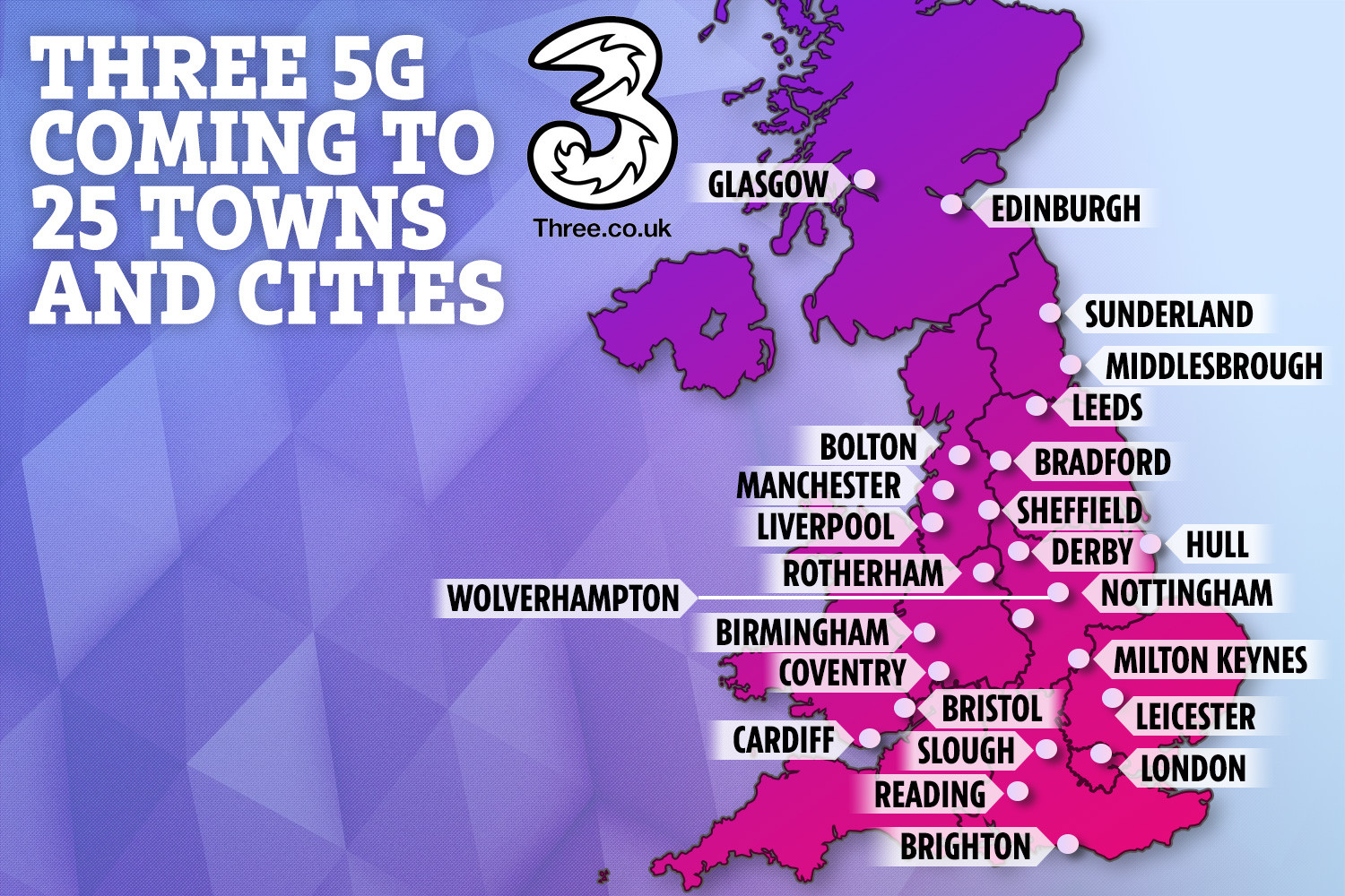     Så många som 25 städer i Storbritannien kommer att ha tillgång till 5G Three-nätverket i slutet av 2019