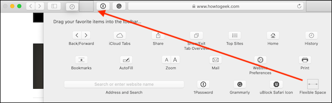 Lägg till flexibelt utrymme mellan knapparna på Safari-verktygsfältet