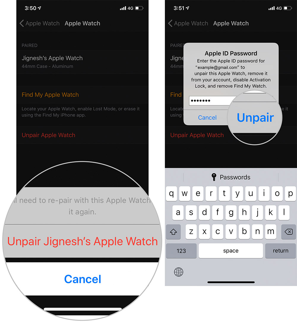 Ketuk pada Unpair Apple Watch di iPhone