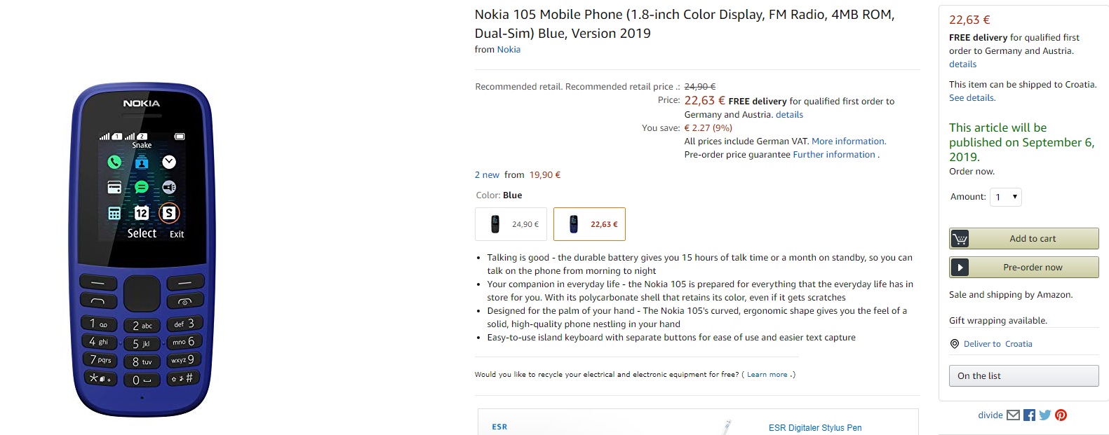 Nokia 105 Dual-SIM är tillgänglig på Tyskland Amazon 3 