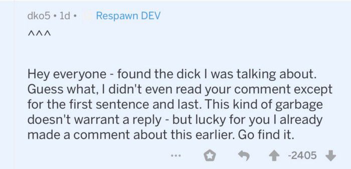 Teks komentar yang menghebohkan tentang Apex Legends subreddit: "Hai semuanya, temukan kontol yang kubicarakan."
