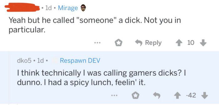 Teks komentar yang menghebohkan tentang Apex Legends subreddit: "Saya pikir secara teknis saya memanggil pemain game?"