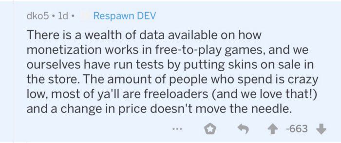 Teks komentar yang menghebohkan tentang subreddit Apex Legends: "Jumlah orang yang menghabiskan sangat rendah, sebagian besar dari kalian semua adalah pekerja lepas."