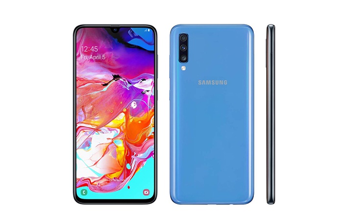 Framsidan och baksidan av Samsung Galaxy A70