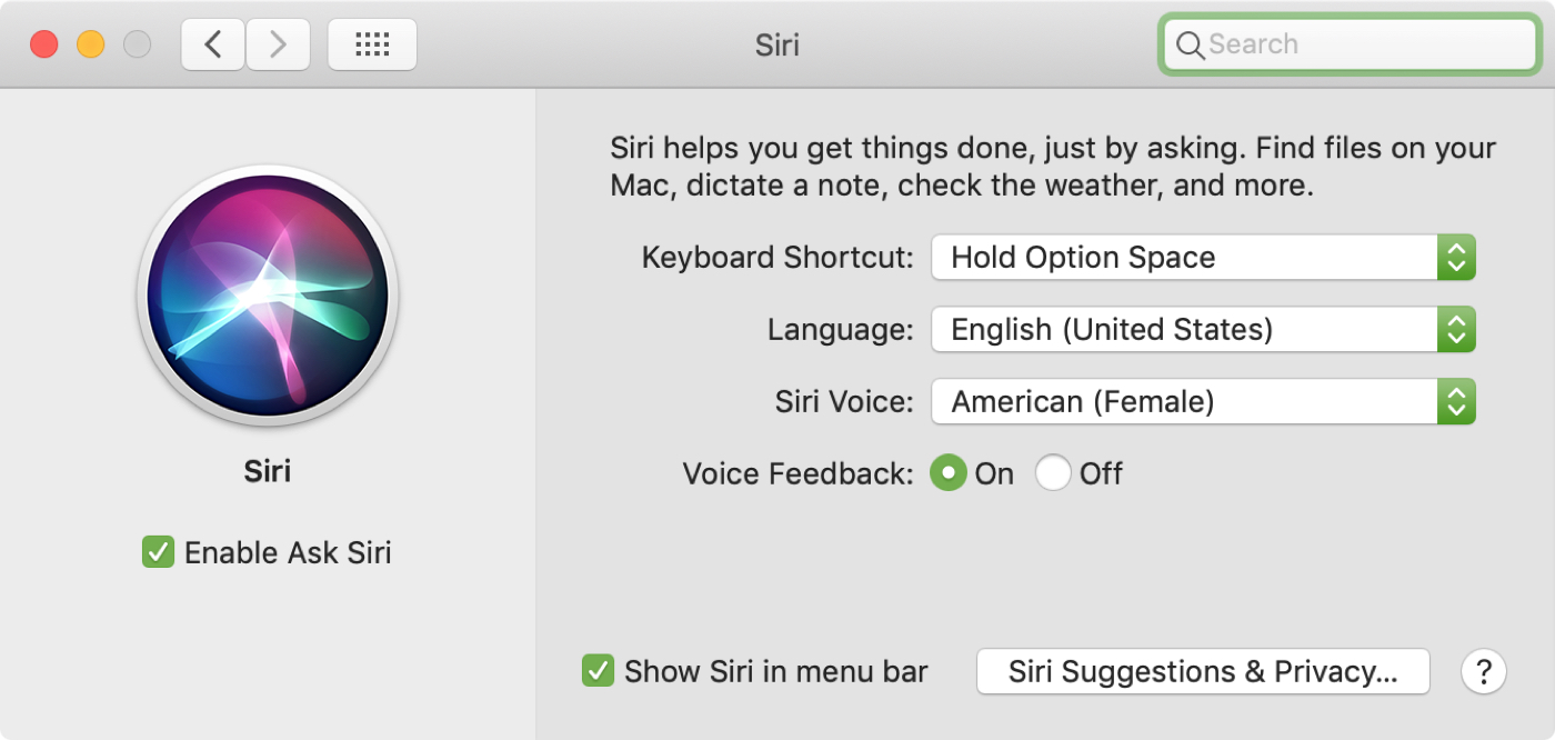 Siri Mac-inställningar