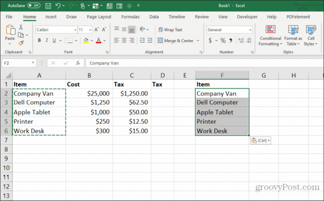 klistra in kolumnbredden i Excel