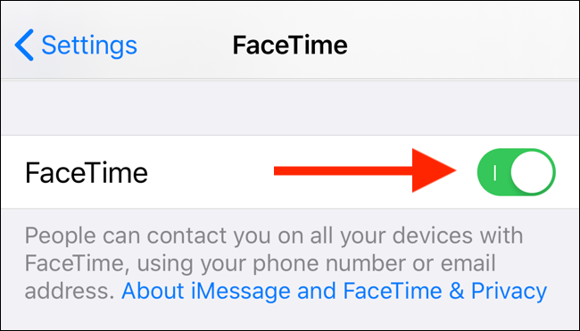 Ketuk sakelar FaceTime untuk menonaktifkan FaceTime di iPhone atau iPad Anda