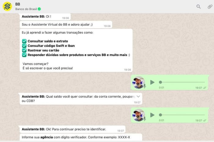 Banco do Brasil memiliki bot di WhatsApp yang memahami pesan suara
