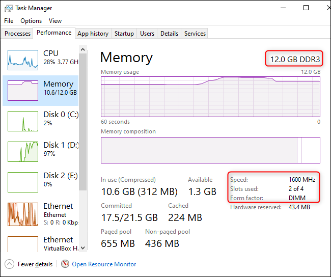 Mängden och hastigheten på RAM som visas i Windows 10s Task Manager
