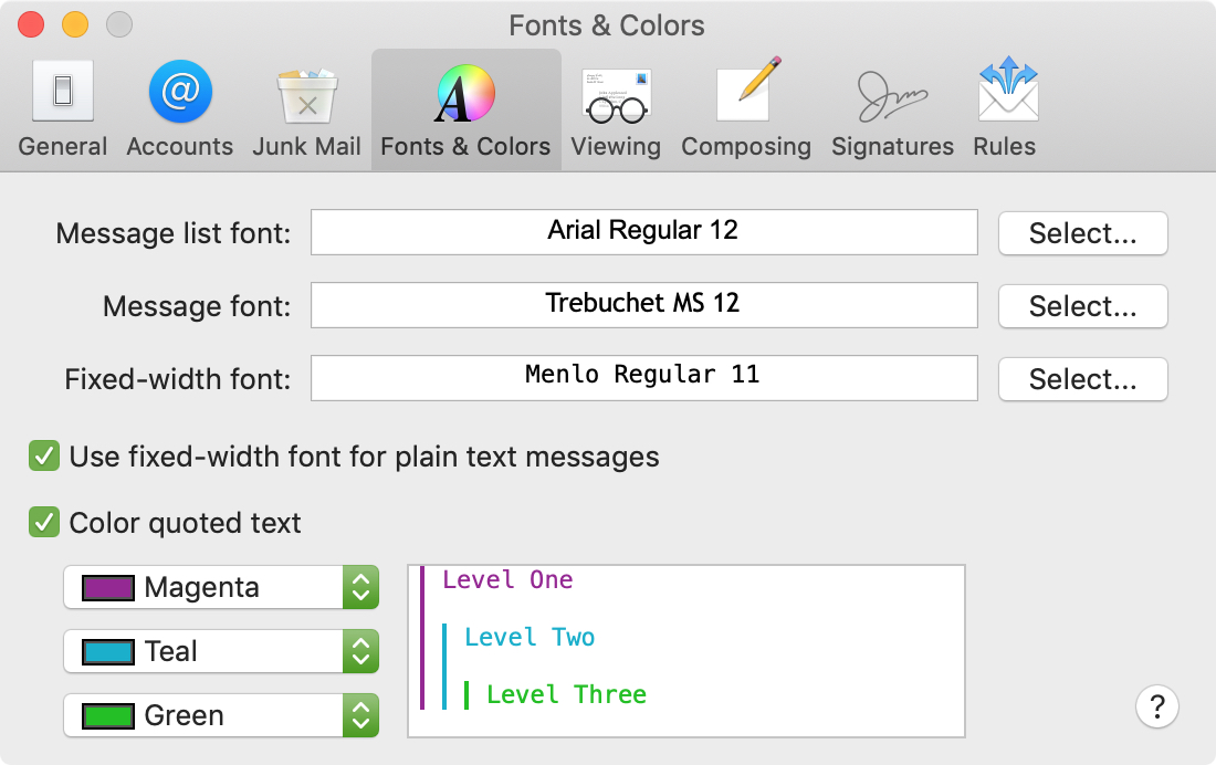 Mac Mail-teckensnitt och färger
