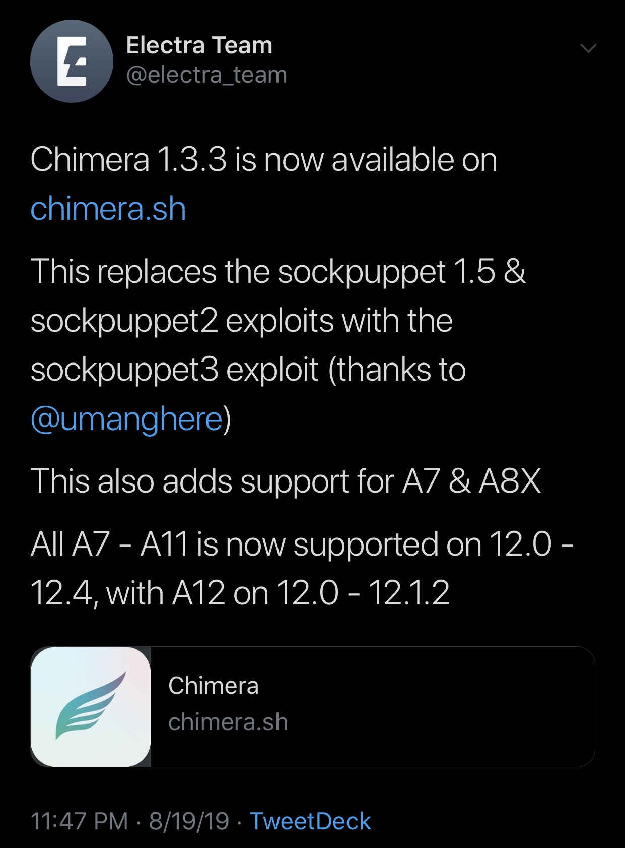 Chimera v1.3.3 släpps med stöd för A7-A8 (X) -enheter som kör iOS 12.4 3