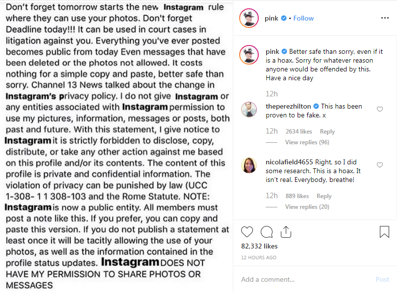  Berhati-hatilah untuk tidak terikat dengan ini Instagram scam dibagikan oleh legenda pop Pink