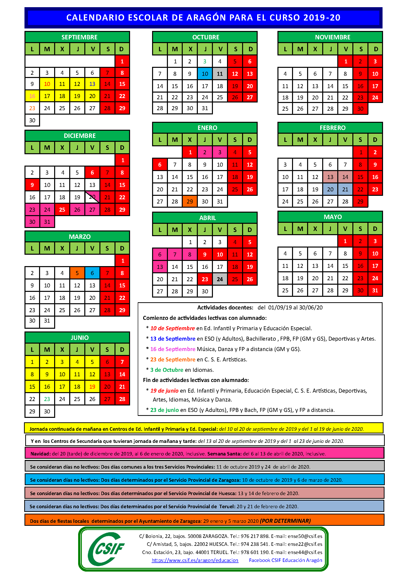Aragon 2019 kalender sekolah
