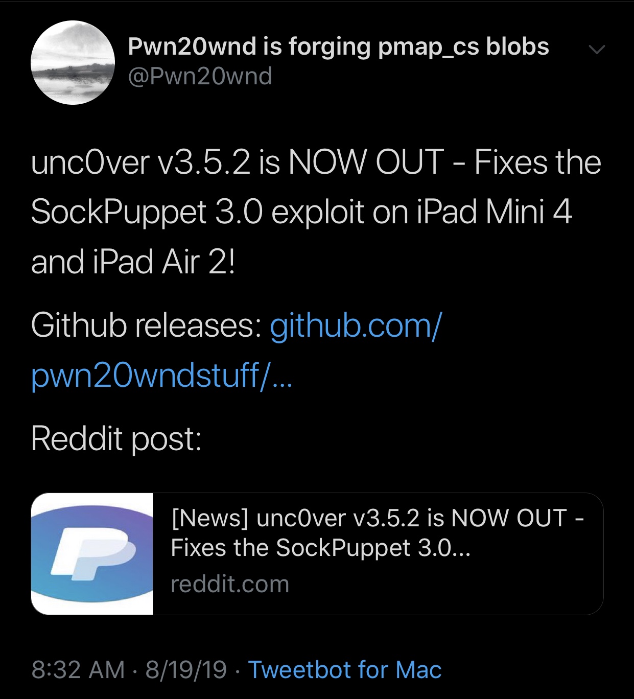 Pwn20wnd tappade unc0ver v3.5.2 för att förbättra Sock Puppet-exploater på vissa iPad 3